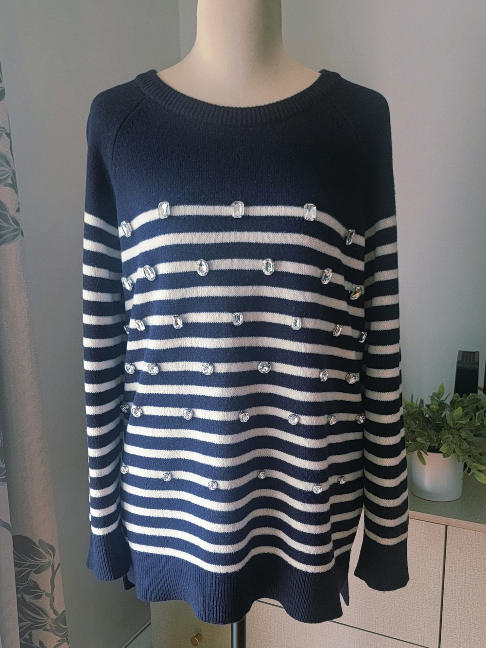 KATE SPADE Navy Cream Striped Rhinestone Embellished 100% Wool Sweater Size M